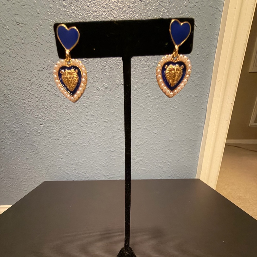 Elegant Heart-Shaped Blue and Gold Earrings